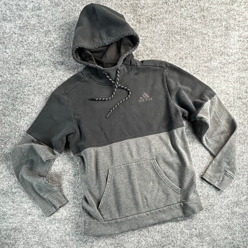 Adidas Men's Small Black Gray Colorblock Fleece Pullover Hoodie Logo